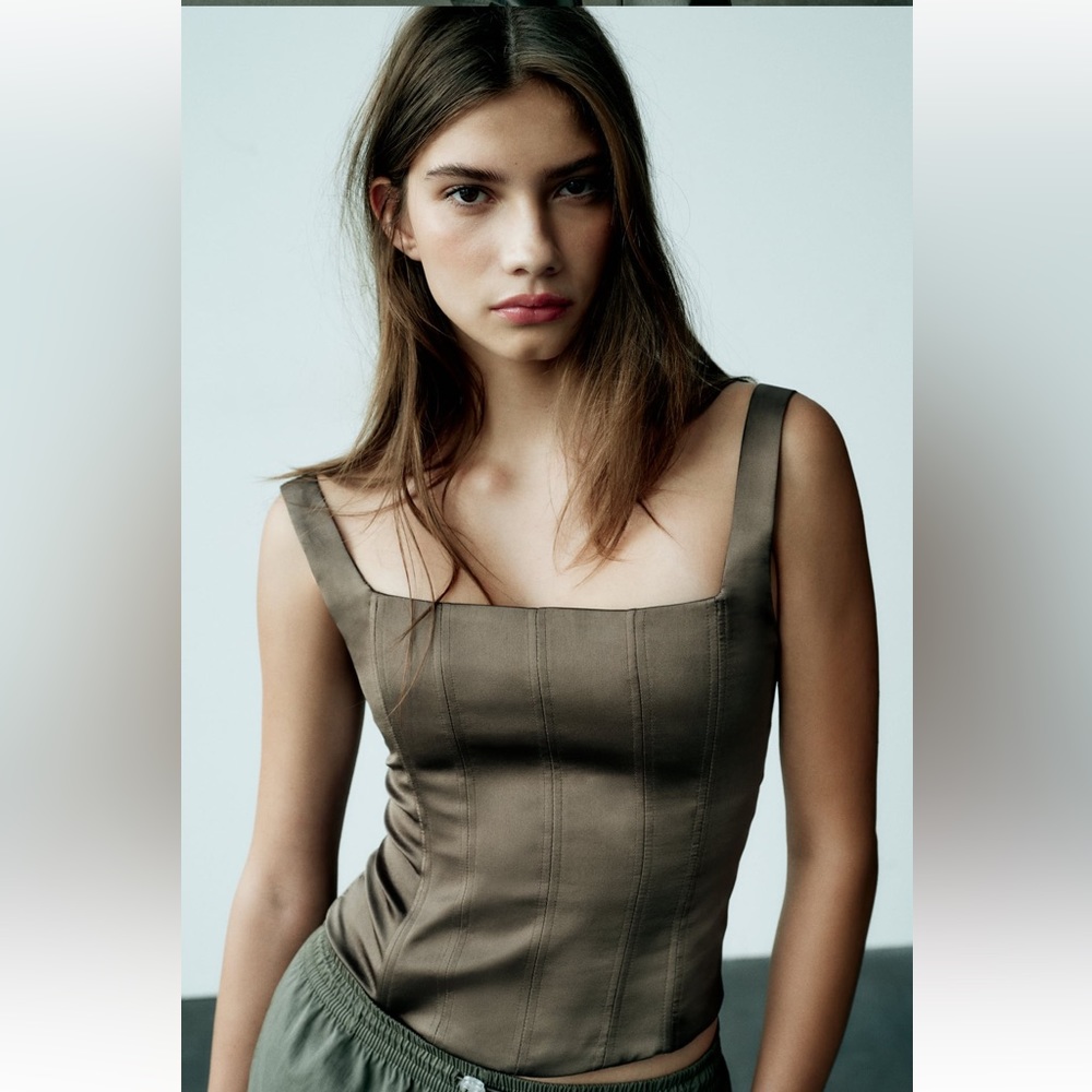 Zara Fitted Satin Effect squared neckline and straps Top Dark khaki Green NWT